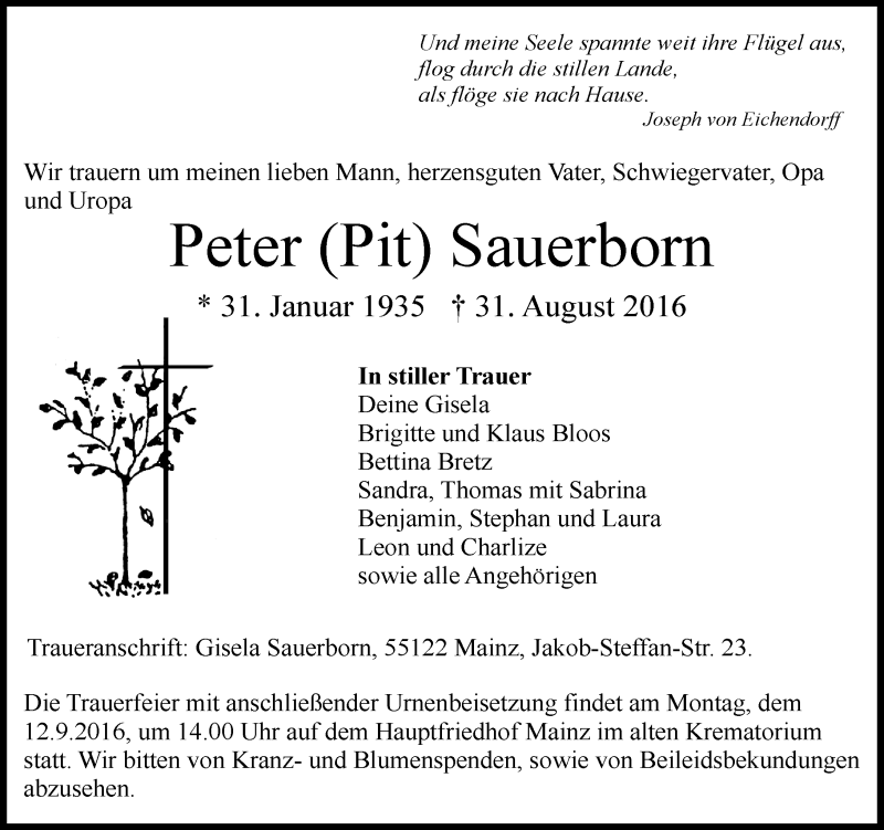  Traueranzeige für Peter  Sauerborn vom 03.09.2016 aus Trauerportal Rhein Main Presse