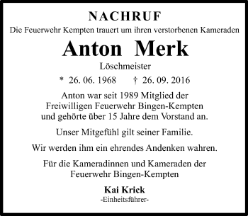 Traueranzeige von Anton Merk von Trauerportal Rhein Main Presse