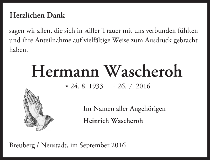  Traueranzeige für Hermann Wascheroh vom 03.09.2016 aus Trauerportal Echo Online