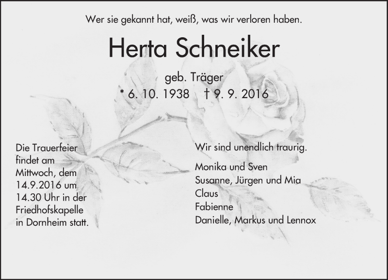  Traueranzeige für Herta Schneiker vom 13.09.2016 aus Trauerportal Echo Online