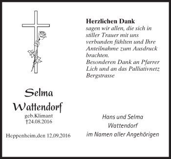 Traueranzeige von Selma Wattendorf von Trauerportal Echo Online