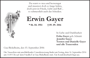 Traueranzeige von Erwin Gayer von Trauerportal Rhein Main Presse