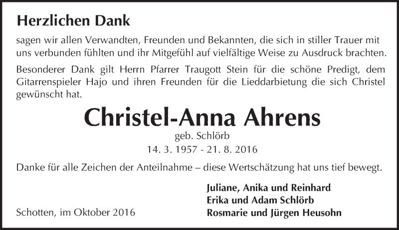 Traueranzeige für Christel-Anna Ahrens vom 01.10.2016 aus  Kreisanzeiger