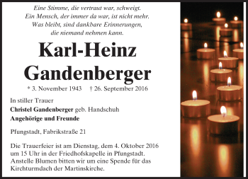 Traueranzeige von Karl-Heinz Gandenberger von Trauerportal Echo Online