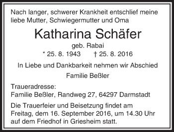 Traueranzeige von Katharina Schäfer von Trauerportal Echo Online