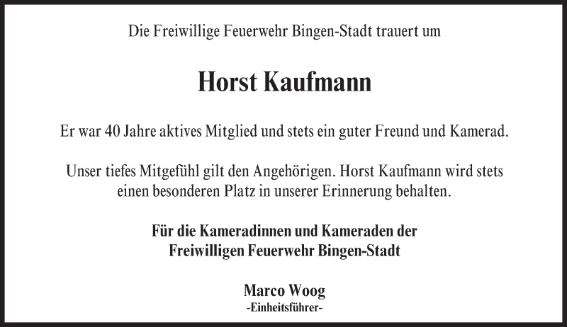  Traueranzeige für Horst Kaufmann vom 17.09.2016 aus Trauerportal Rhein Main Presse