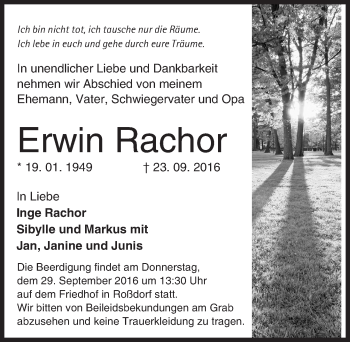 Traueranzeige von Erwin Rachor von Trauerportal Echo Online