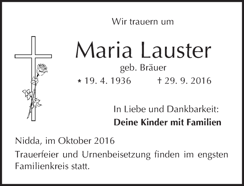  Traueranzeige für Maria Lauster vom 01.10.2016 aus  Kreisanzeiger