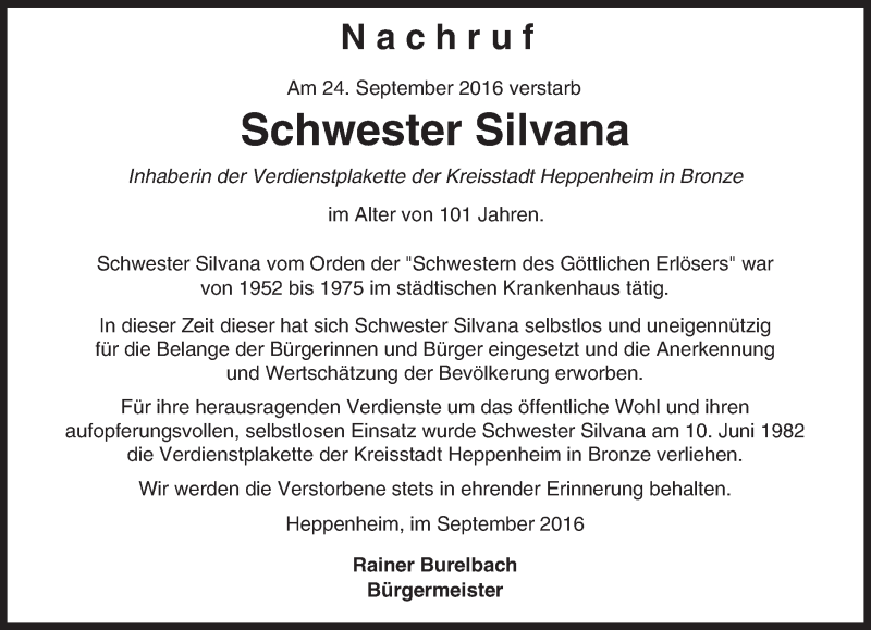  Traueranzeige für Schwester Silvana  vom 29.09.2016 aus Trauerportal Echo Online