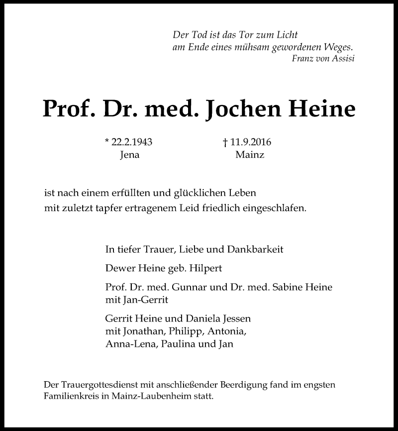  Traueranzeige für Jochen Heine vom 21.09.2016 aus Trauerportal Rhein Main Presse