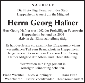 Traueranzeige von Georg Hafner von Trauerportal Echo Online