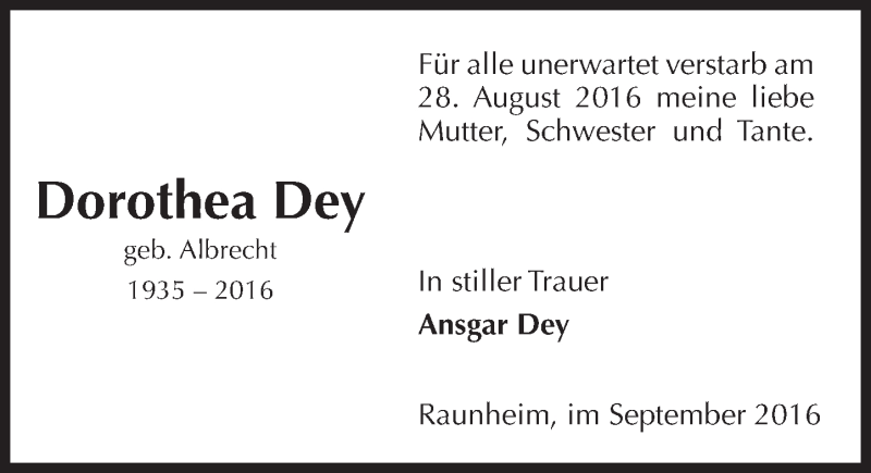  Traueranzeige für Dorothea Dey vom 03.09.2016 aus Trauerportal Rhein Main Presse