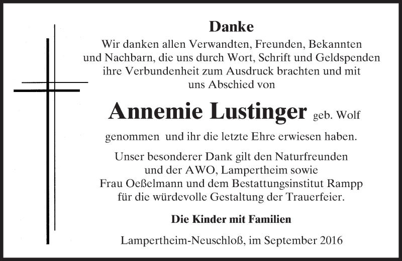  Traueranzeige für Annemie Lustinger vom 24.09.2016 aus Trauerportal Echo Online