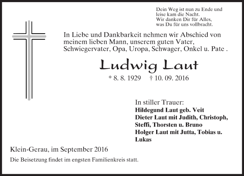  Traueranzeige für Ludwig Laut vom 19.09.2016 aus Trauerportal Rhein Main Presse