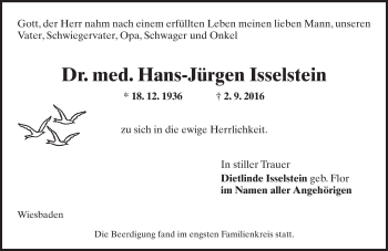 Traueranzeige von Hans-Jürgen Isselstein von Trauerportal Rhein Main Presse