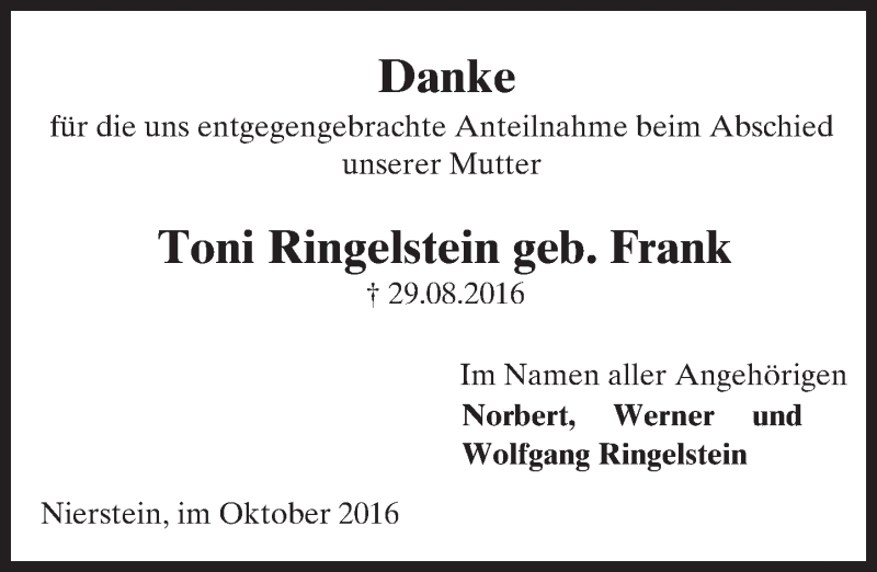  Traueranzeige für Toni Ringelstein vom 01.10.2016 aus Trauerportal Rhein Main Presse