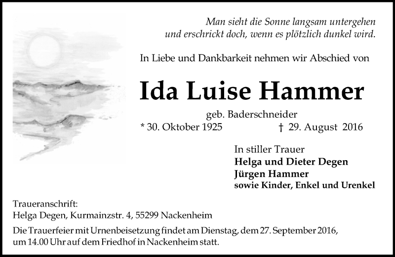  Traueranzeige für Ida Luise Hammer vom 03.09.2016 aus Trauerportal Rhein Main Presse