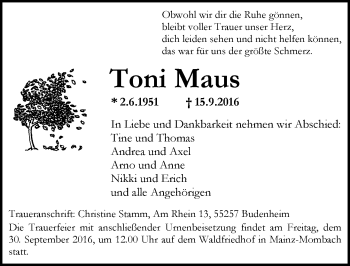 Traueranzeige von Toni Maus von Trauerportal Rhein Main Presse