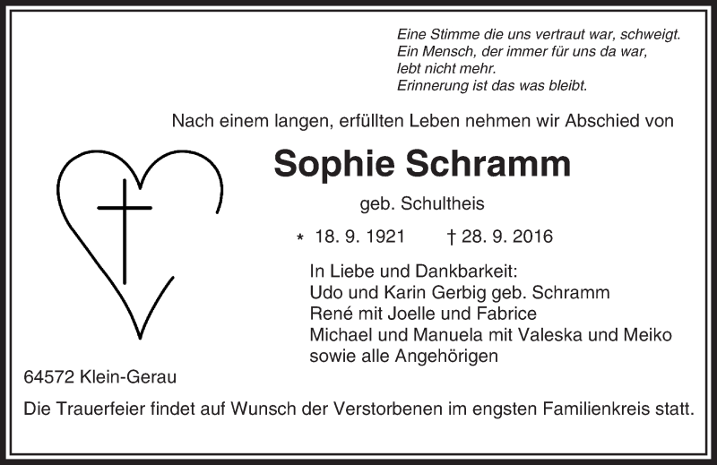  Traueranzeige für Sophie Schramm vom 30.09.2016 aus Trauerportal Echo Online