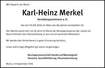 Traueranzeige von Karl-Heinz Merkel von Trauerportal Rhein Main Presse