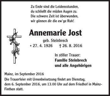 Traueranzeige von Annemarie Jost von Trauerportal Rhein Main Presse