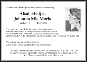 Traueranzeige von Johanna Mia Maria Afsah-Hedjri von  Gießener Anzeiger