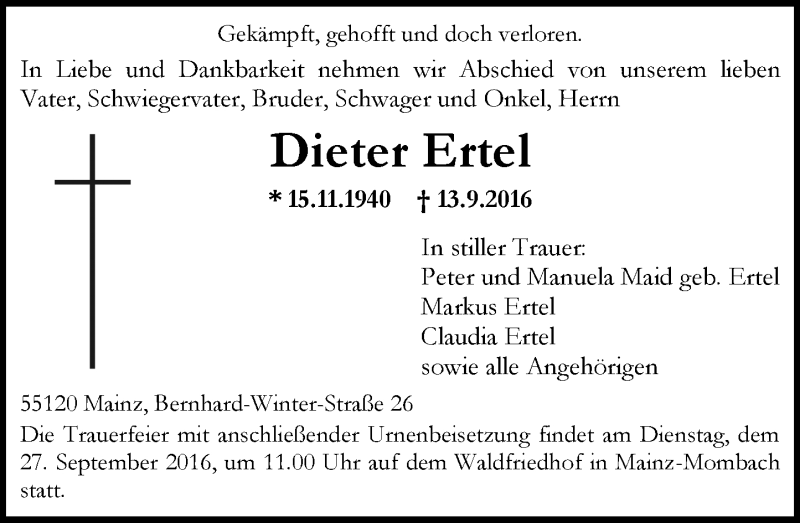  Traueranzeige für Dieter Ertel vom 21.09.2016 aus Trauerportal Rhein Main Presse