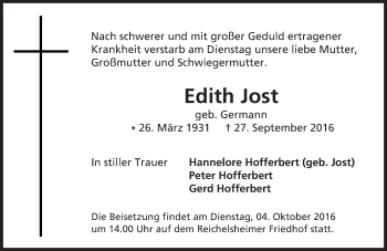 Traueranzeige von Edith Jost von Trauerportal Echo Online