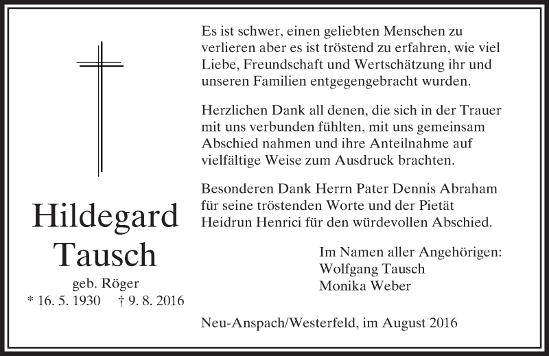  Traueranzeige für Hildegard Tausch vom 03.09.2016 aus  Usinger Anzeiger