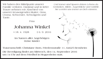 Traueranzeige von Johanna Winkel von Trauerportal Echo Online