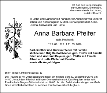 Traueranzeige von Anna Barbara Pfeifer von Trauerportal Rhein Main Presse