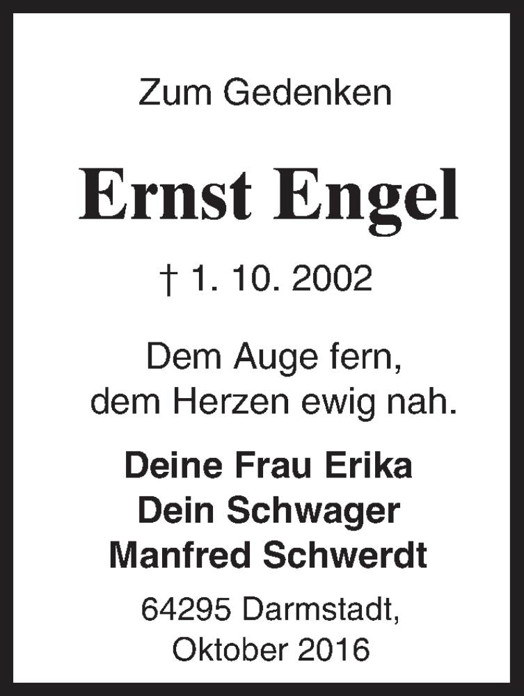  Traueranzeige für Ernst Engel vom 01.10.2016 aus Trauerportal Echo Online