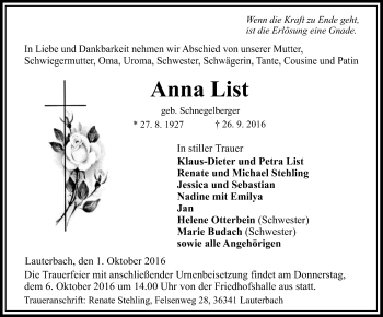 Traueranzeige von Anna List von VRM Trauer