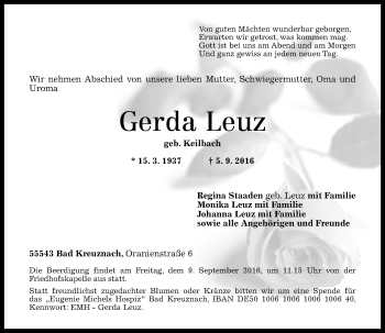Traueranzeige von Gerda Leuz von Trauerportal Rhein Main Presse