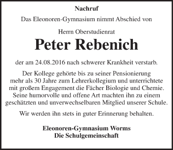 Traueranzeige von Peter Rebenich von Trauerportal Rhein Main Presse