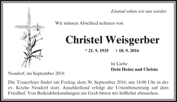 Traueranzeige von Christel Weisgerber von  Gelnhäuser Tageblatt