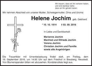 Traueranzeige von Helene Jochim von Trauerportal Echo Online