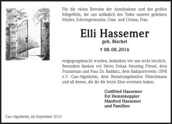 Traueranzeige von Elli Hassemer von Trauerportal Rhein Main Presse