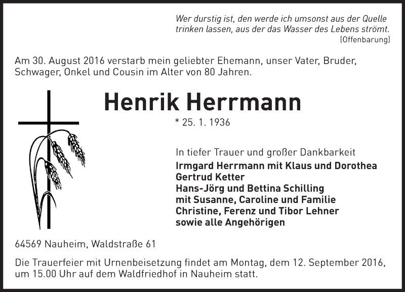  Traueranzeige für Henrik Herrmann vom 09.09.2016 aus Trauerportal Echo Online