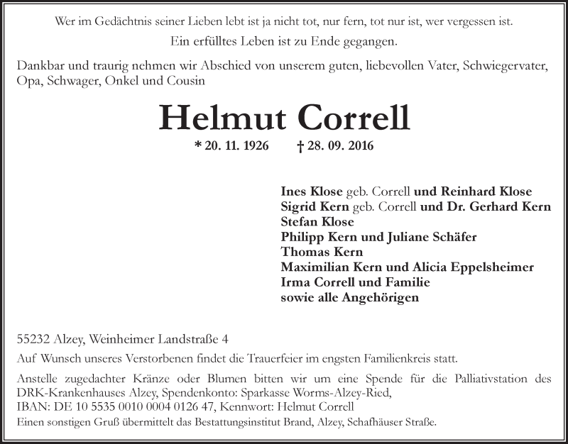  Traueranzeige für Helmut Correll vom 01.10.2016 aus Trauerportal Rhein Main Presse