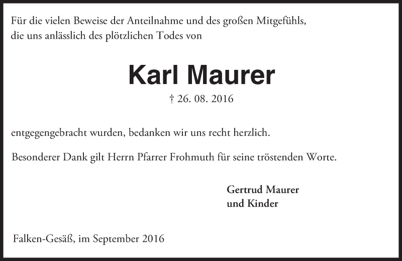  Traueranzeige für Karl Maurer vom 23.09.2016 aus Trauerportal Echo Online
