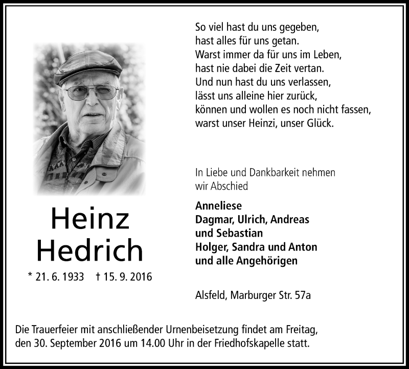  Traueranzeige für Heinz Hedrich vom 27.09.2016 aus VRM Trauer