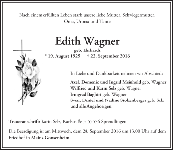 Traueranzeige von Edith Wagner von Trauerportal Rhein Main Presse