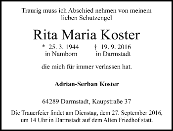 Traueranzeige von Rita Maria Koster von Trauerportal Echo Online