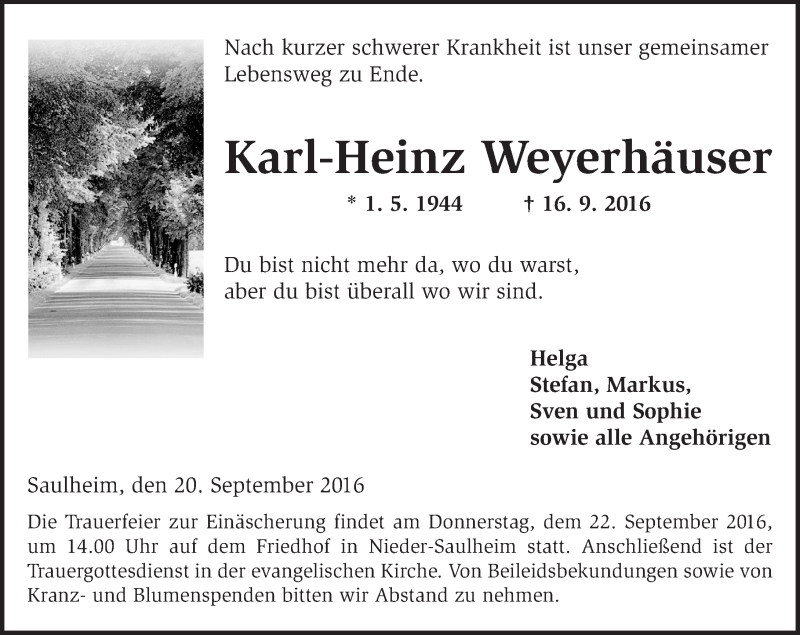  Traueranzeige für Karl-Heinz Weyerhäuser vom 20.09.2016 aus Trauerportal Rhein Main Presse