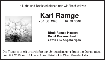 Traueranzeige von Karl Ramge von Trauerportal Echo Online