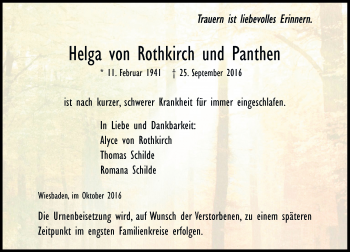 Traueranzeige von Helga von Rothkirch und Panthen von Trauerportal Rhein Main Presse
