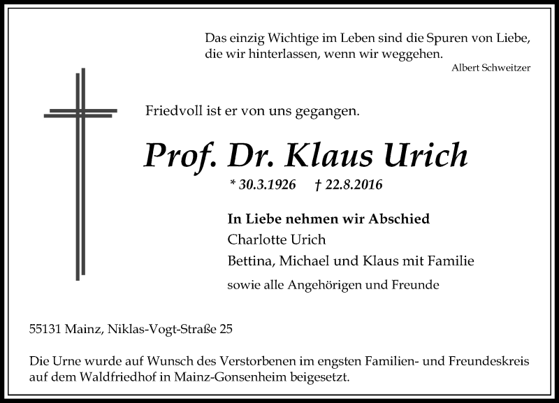  Traueranzeige für Klaus Urich vom 10.09.2016 aus Trauerportal Rhein Main Presse