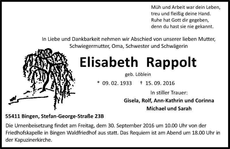  Traueranzeige für Elisabeth Rappolt vom 17.09.2016 aus Trauerportal Rhein Main Presse