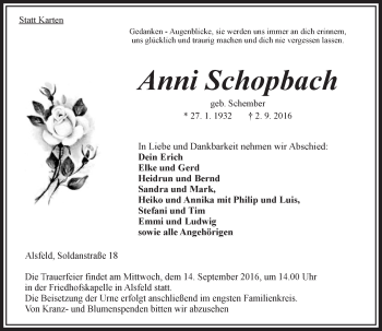Traueranzeige von Anni Schopbach von VRM Trauer